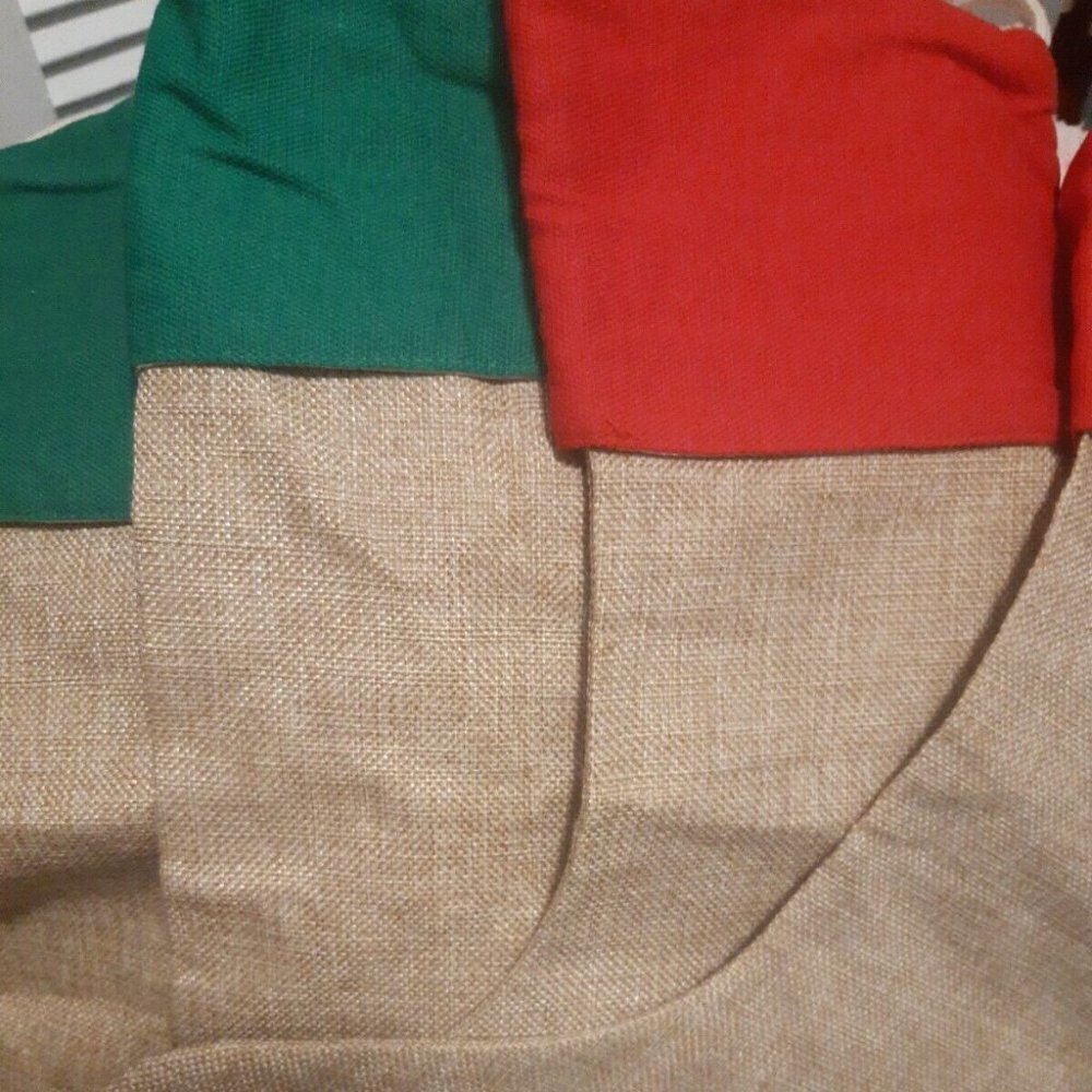 LOT OF 4 NEW Burlap Linen Look CHRISTMAS STOCKINGS Red Green WIDE CUFF Hang Tie